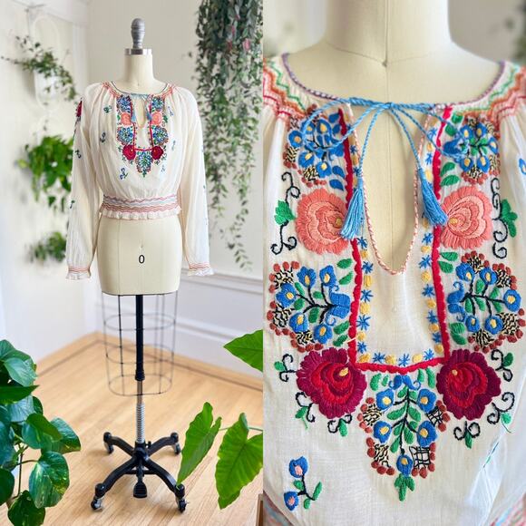Vintage Tops - Vintage 1930s Peasant Top 30s Hungarian Floral Embroidered White Folk Blouse